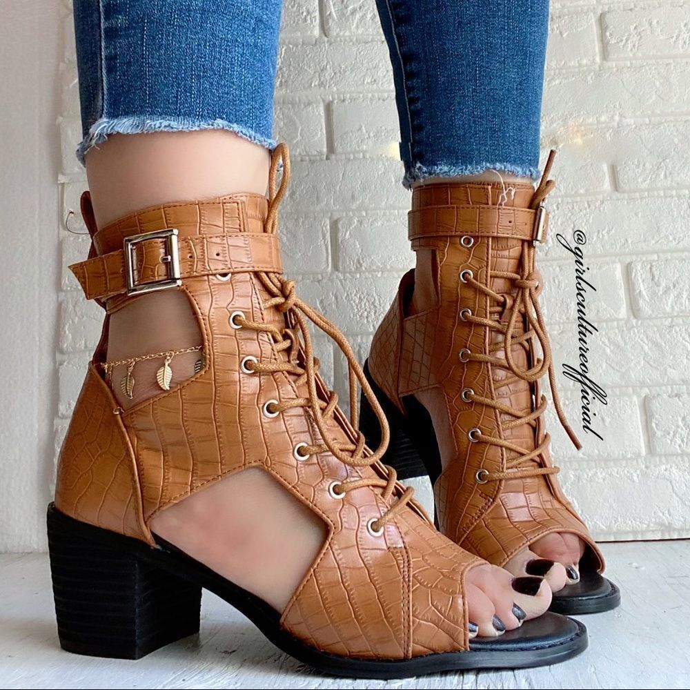 Chestnut Croco Open Toe Bootie